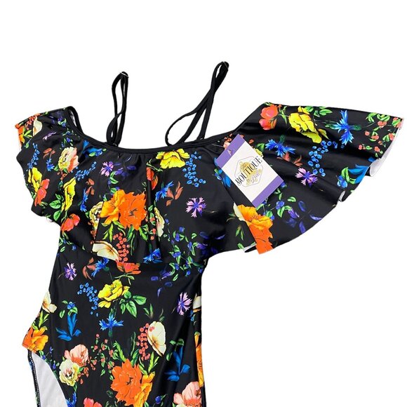 NWT Tempt Me S Black Floral Swimsuit Ruffle Top Molded Cup Tropical Print - Picture 3 of 12
